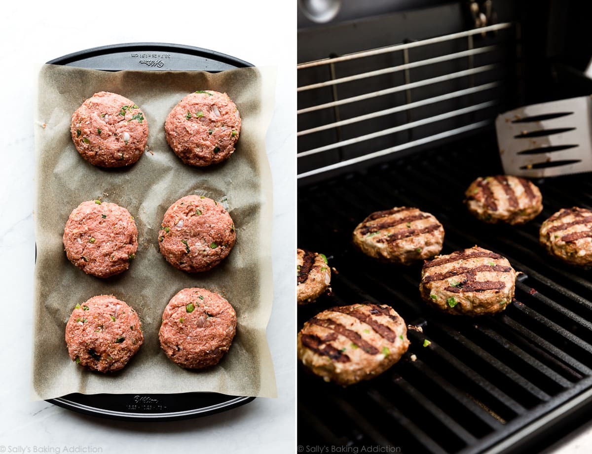 2 images of turkey burgers ready for the grill and grilling turkey burgers