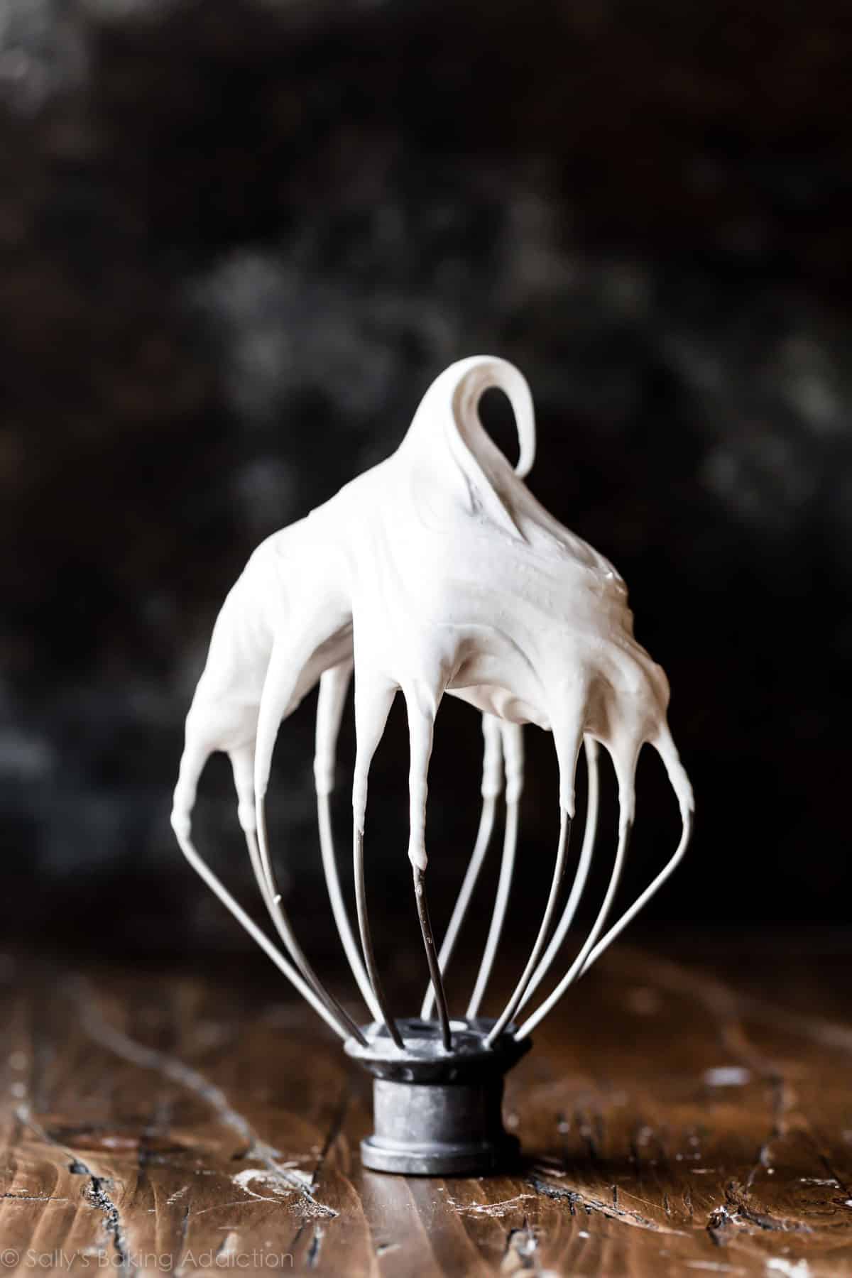 homemade marshmallow cream on a whisk attachment