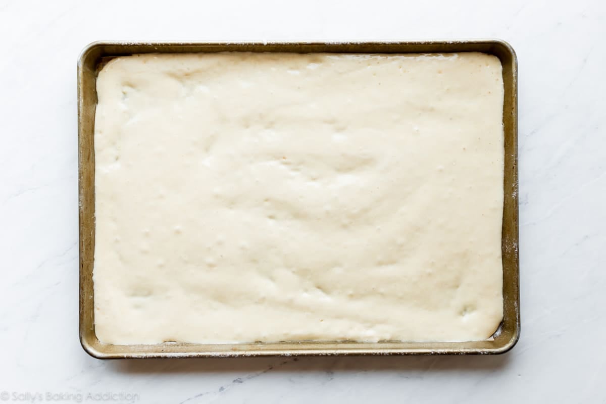 sponge cake batter in sheet pan