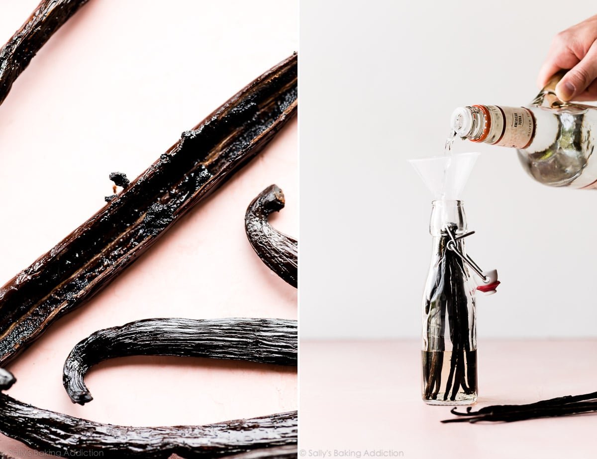 2 images of vanilla beans and pouring vodka into glass bottles with vanilla beans