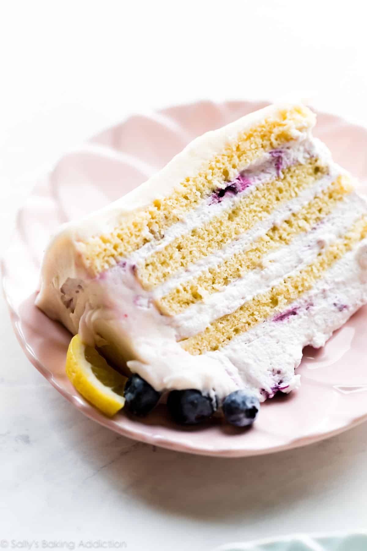 vertical cake slice on a pink plate