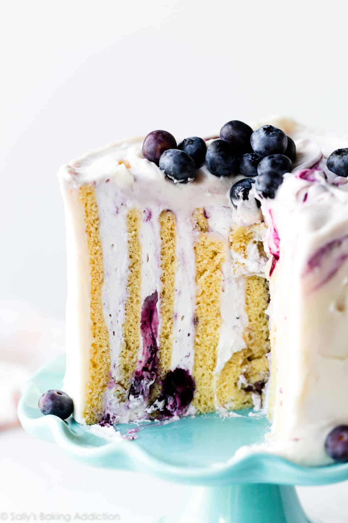 vertical layer cake with a slice missing