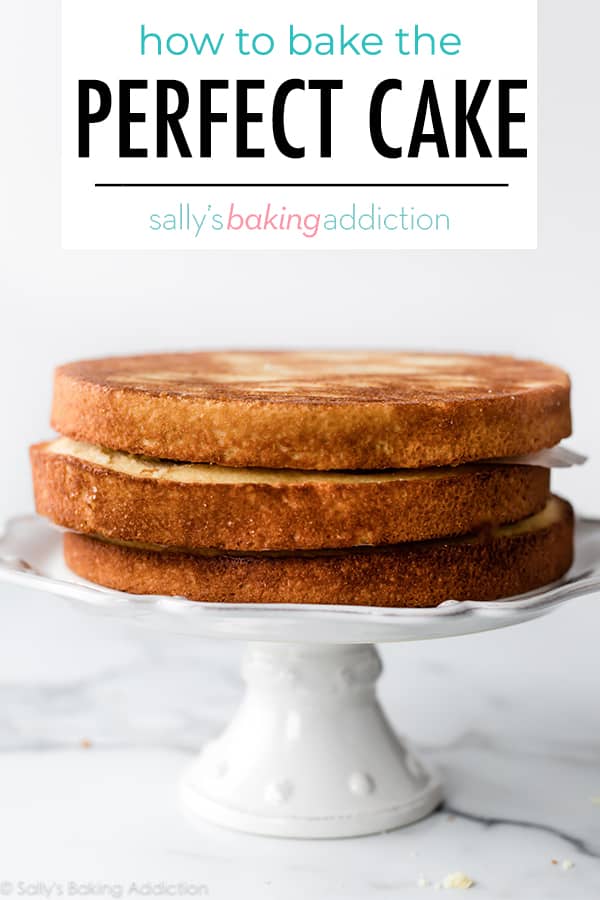 cake baking tips with cake layers on white cake stand