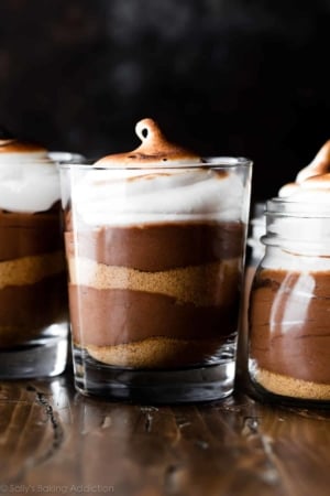 s'mores chocolate mousse in a glass cup