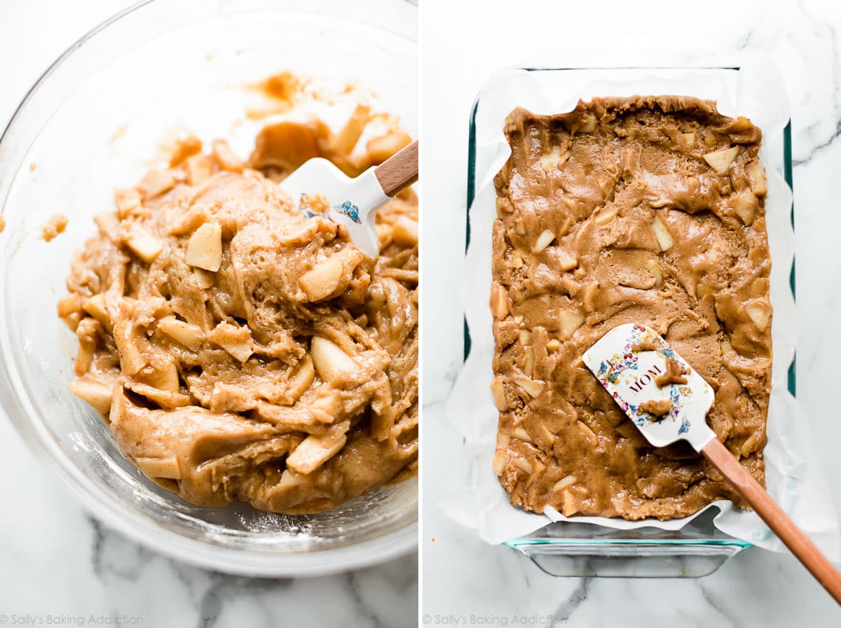 2 images of apple blondies batter in a glass bowl and spread in a baking pan