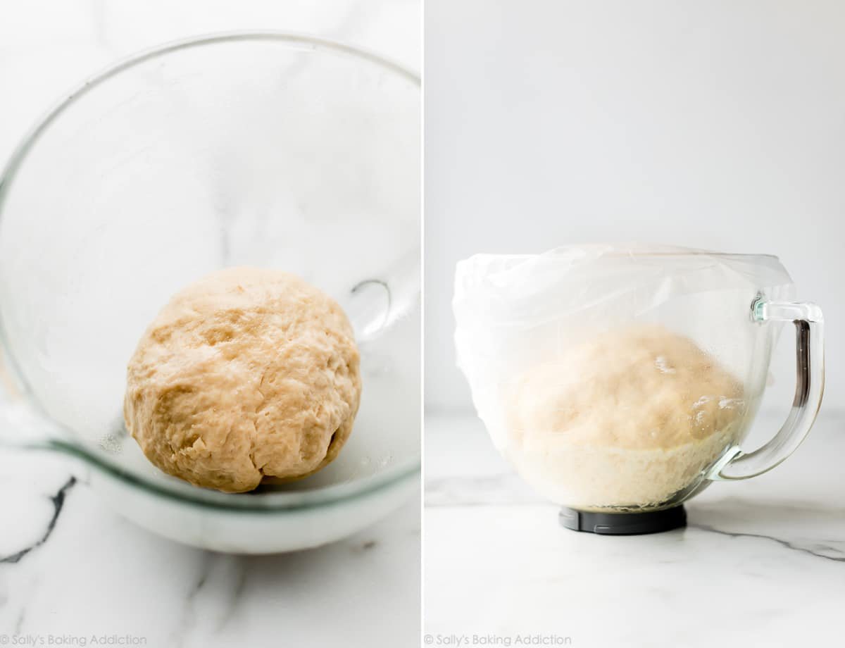 2 cheese bread dough photos in a glass bowl before rising and after rising