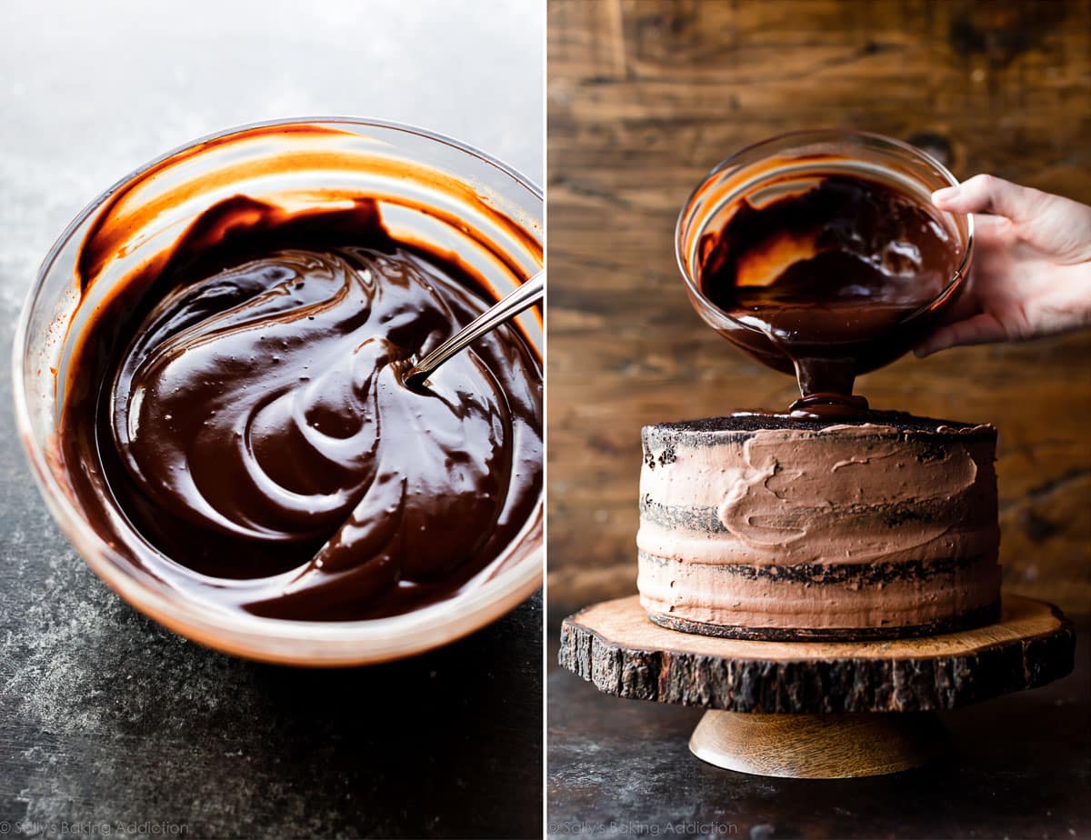 2 images of chocolate ganache in glass bowl and pouring on chocolate cake