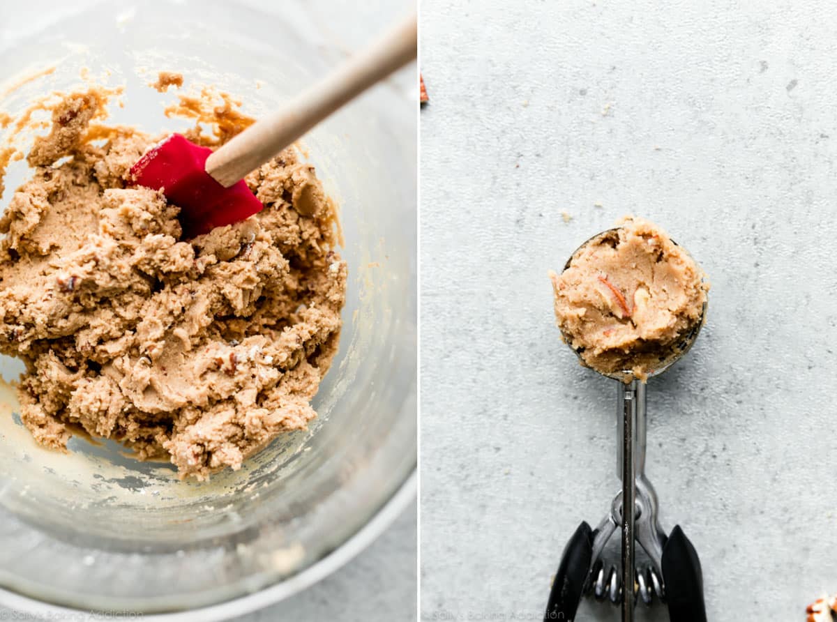 2 images of maple cookie dough in a glass bowl and in a cookie scoop