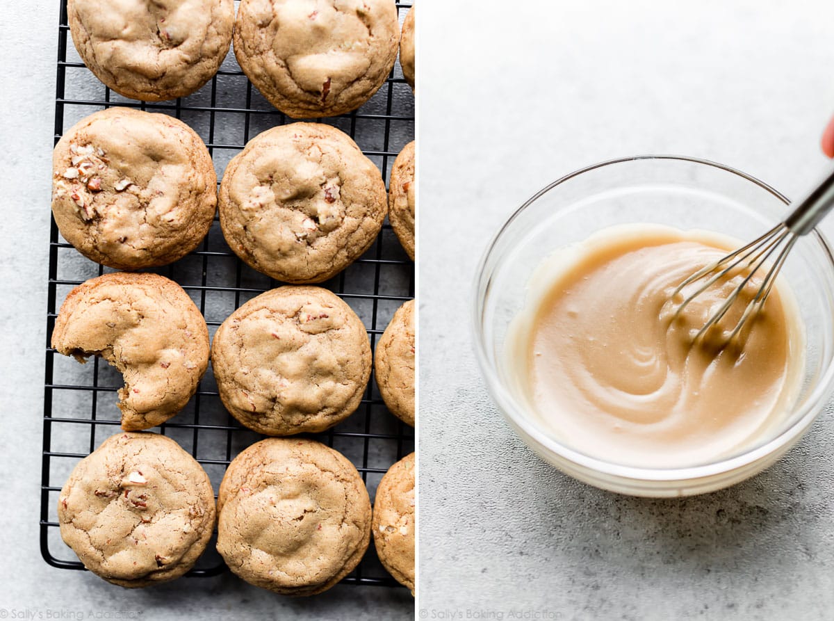 2 images of maple cookies without icing and maple icing in a glass bowl