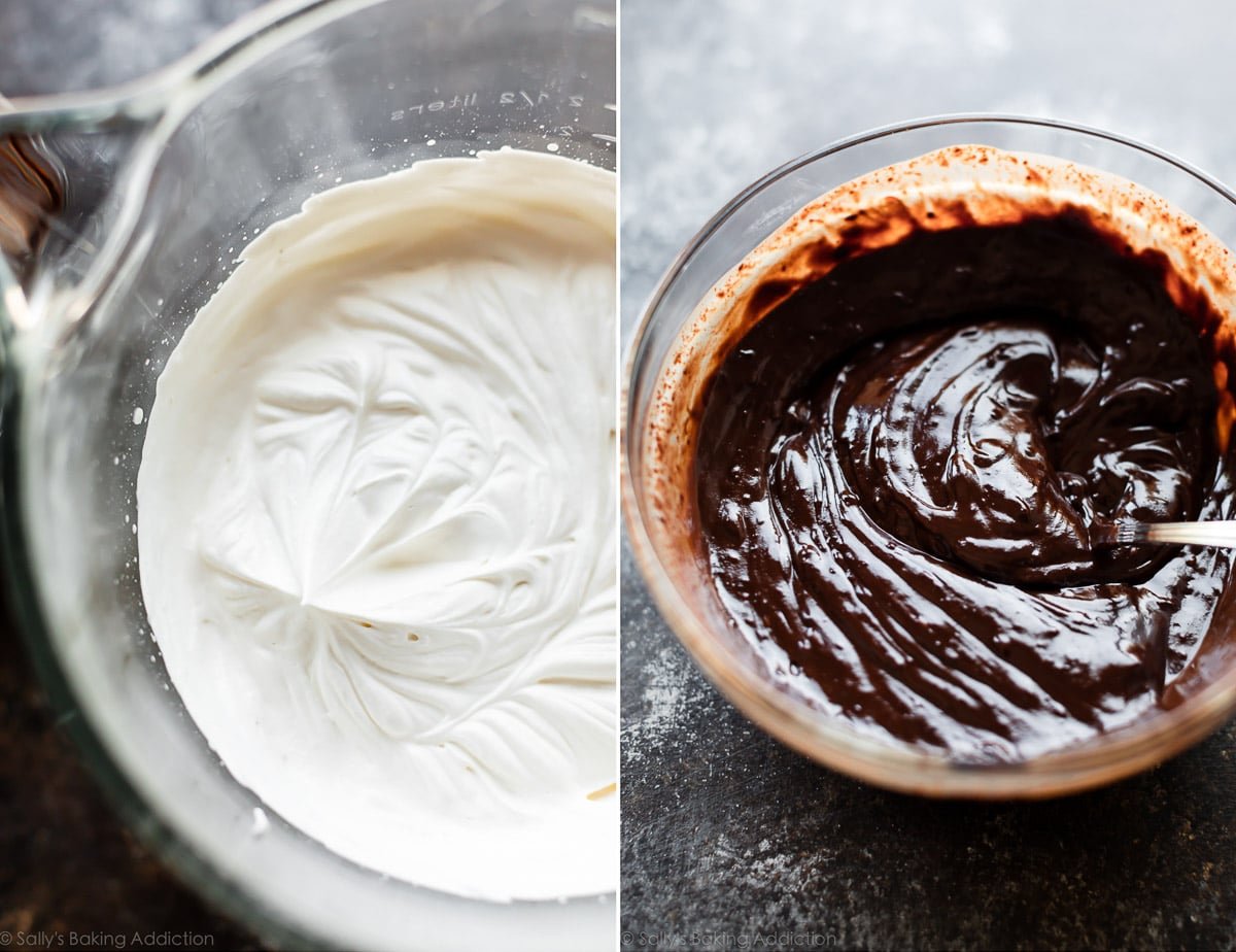 2 images of making chocolate mousse including whipped cream and chocolate mixture in glass bowls