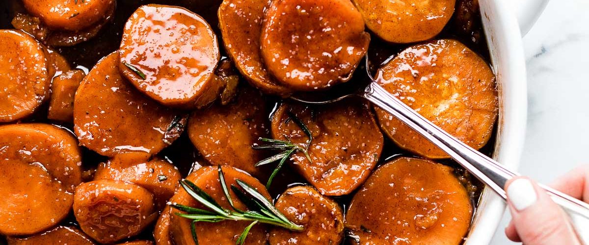 candied sweet potatoes in a baking dish