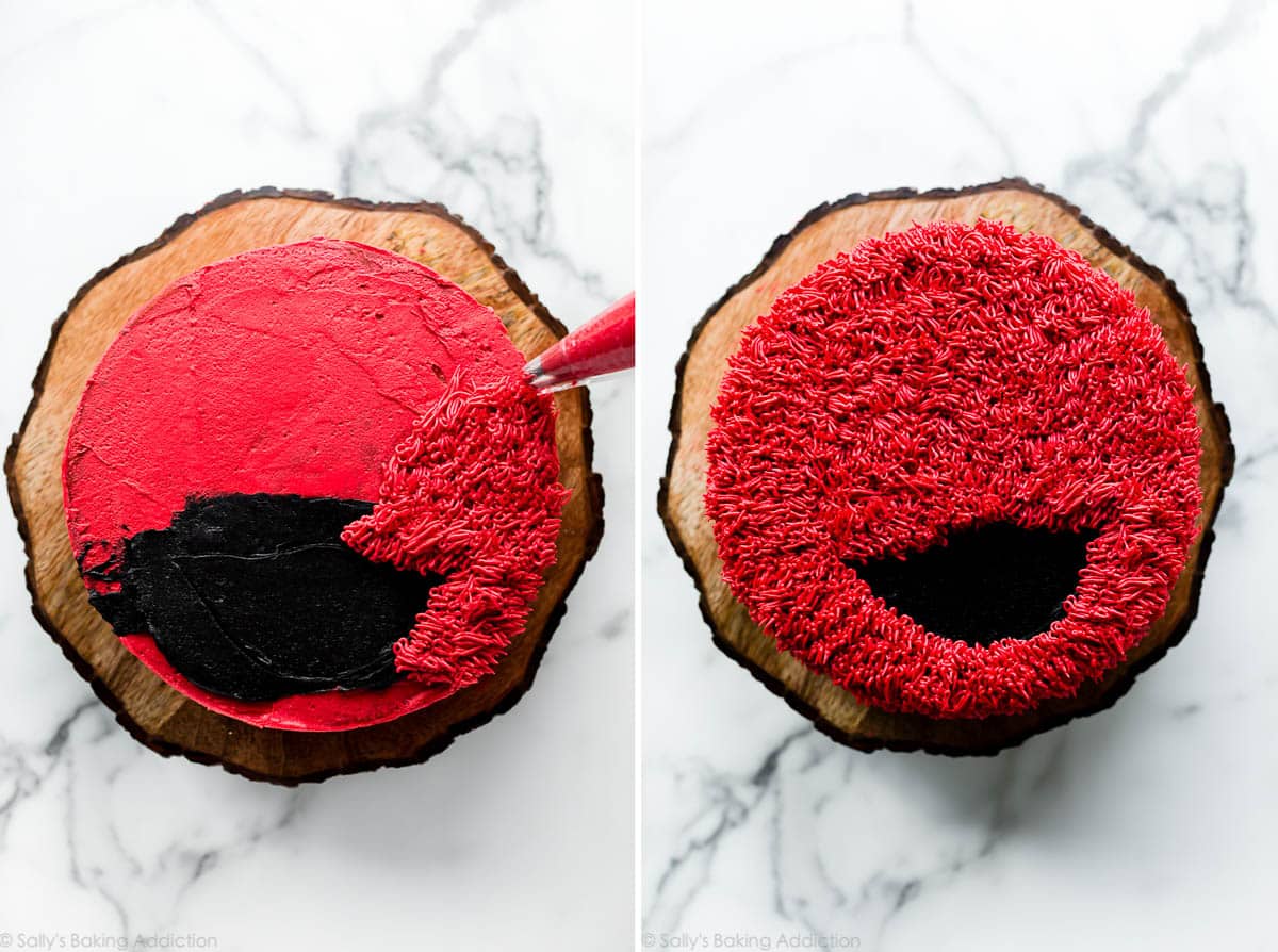 2 images of piping Elmo's frosting fur on a cake