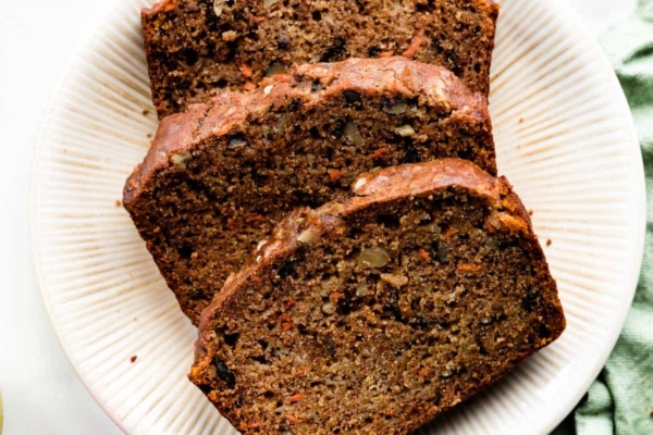 3 slices of harvest spice quick bread on a plate
