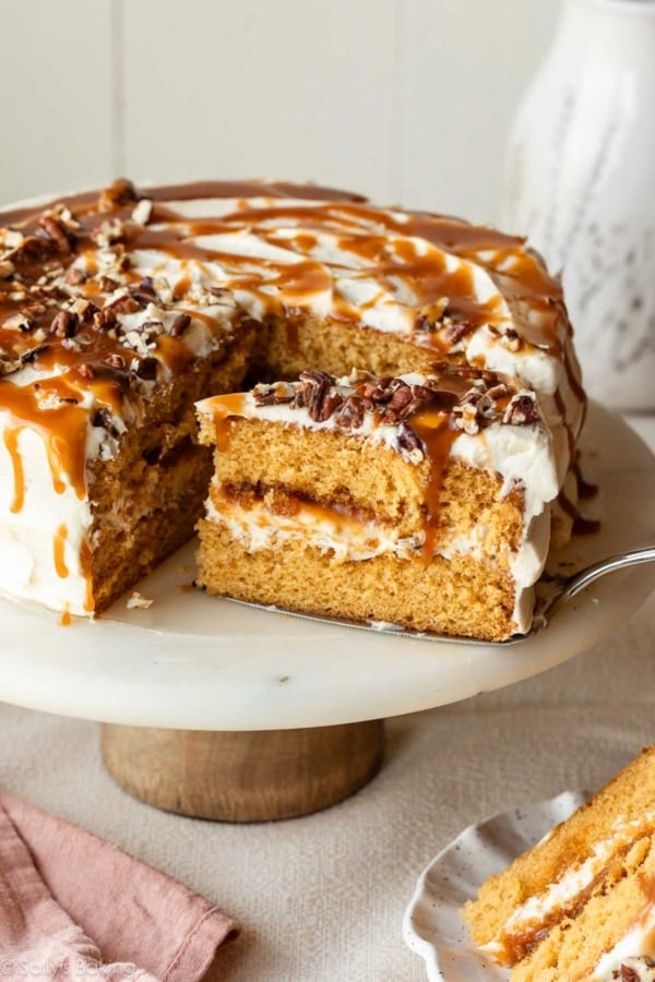 burnt sugar caramel cake on a cake stand.