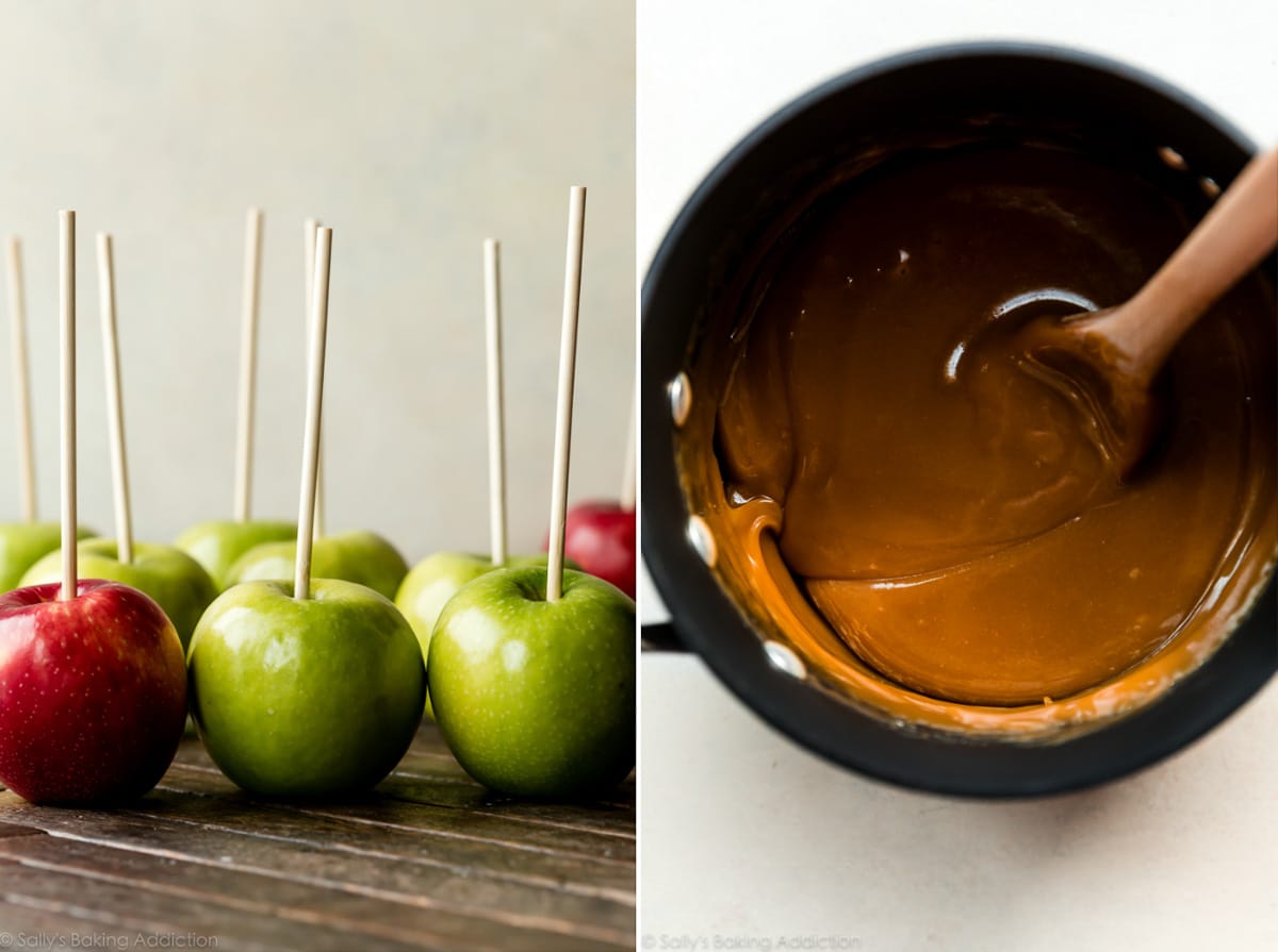 2 images of apples with sticks and homemade caramel in a pot