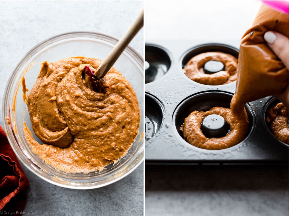 2 images of pumpkin batter for donuts in a bowl and in donut pan