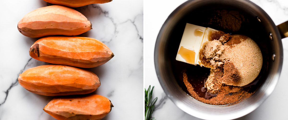 2 images of peeled sweet potatoes and ingredients for candied sweet potatoes in a saucepan