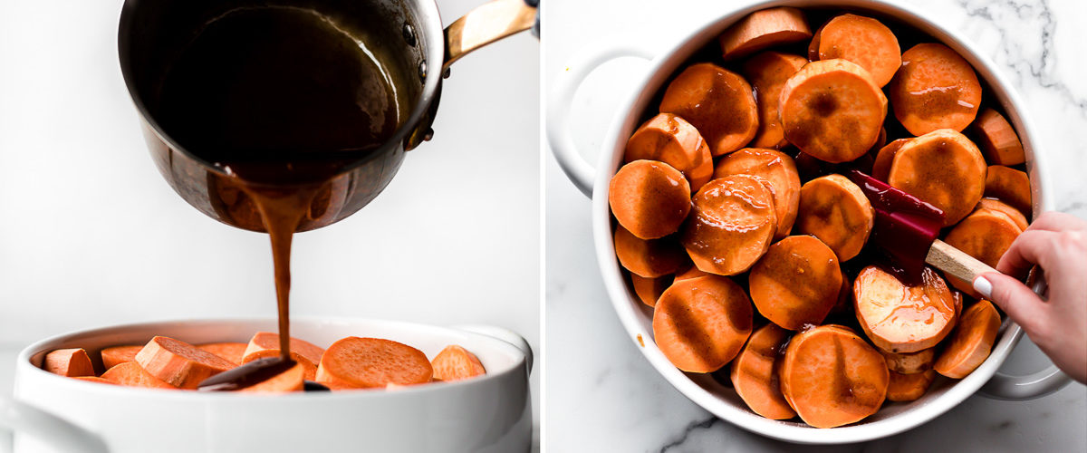 pouring brown sugar maple sauce on sweet potatoes and mixing the sauce into the sweet potatoes