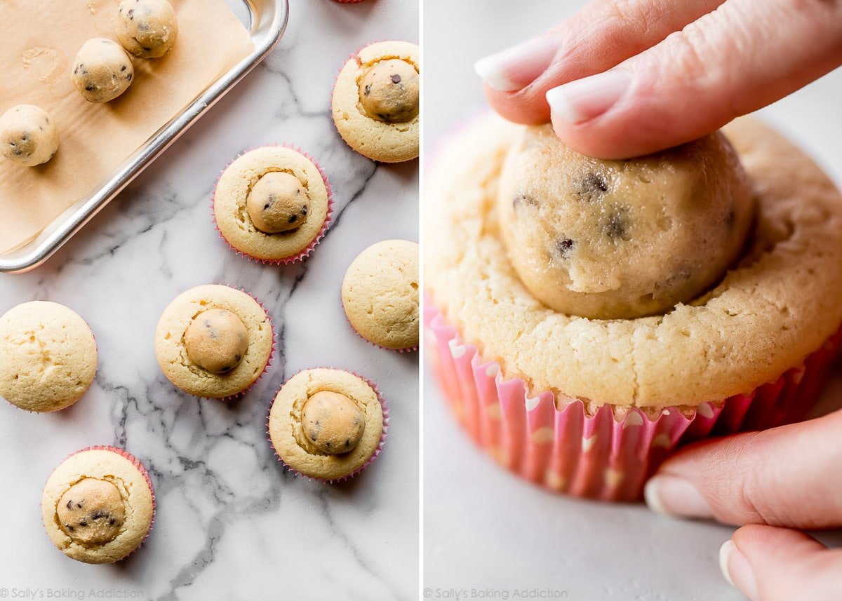 2 images of stuffing chocolate chip cookie dough inside cupcakes