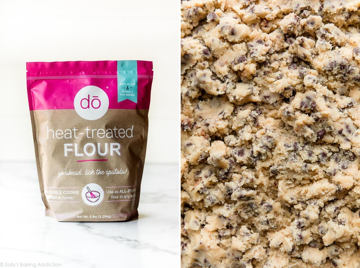 2 images of heat treated flour in a bag and cookie dough made with heat treated flour