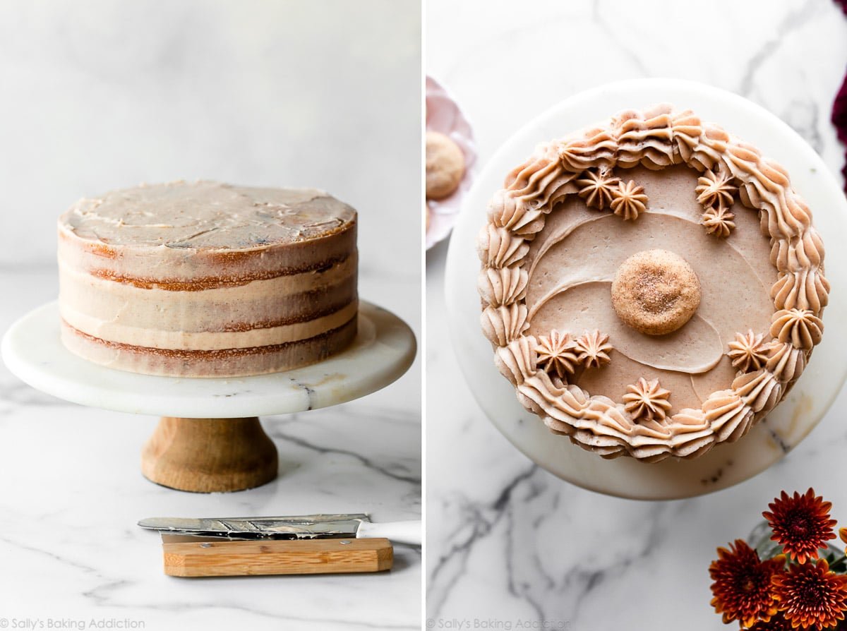 2 images of brown sugar cinnamon buttercream on the cake