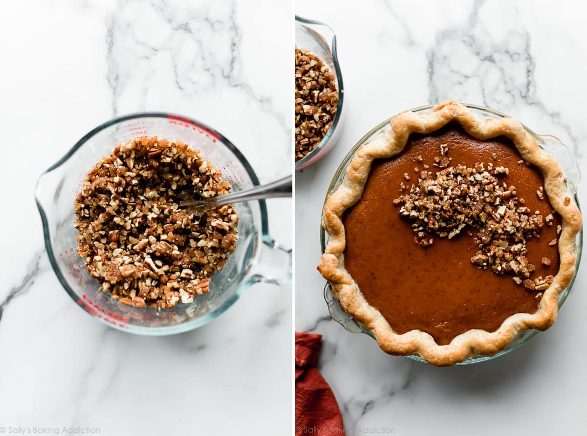 2 images of praline topping for pumpkin pie in a mixing bowl and on top of the pie