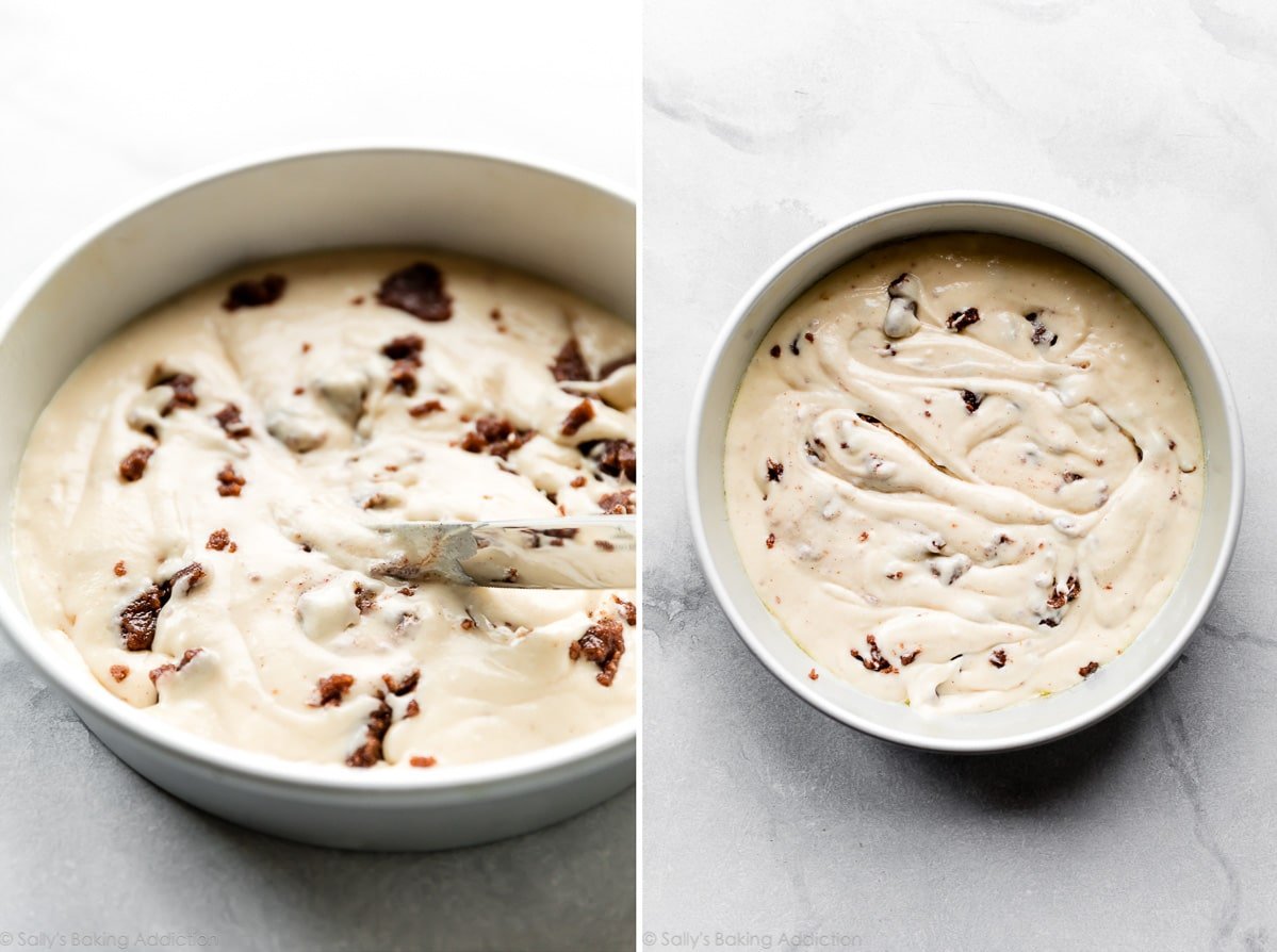 2 images of cinnamon swirl cake batter in a cake pan