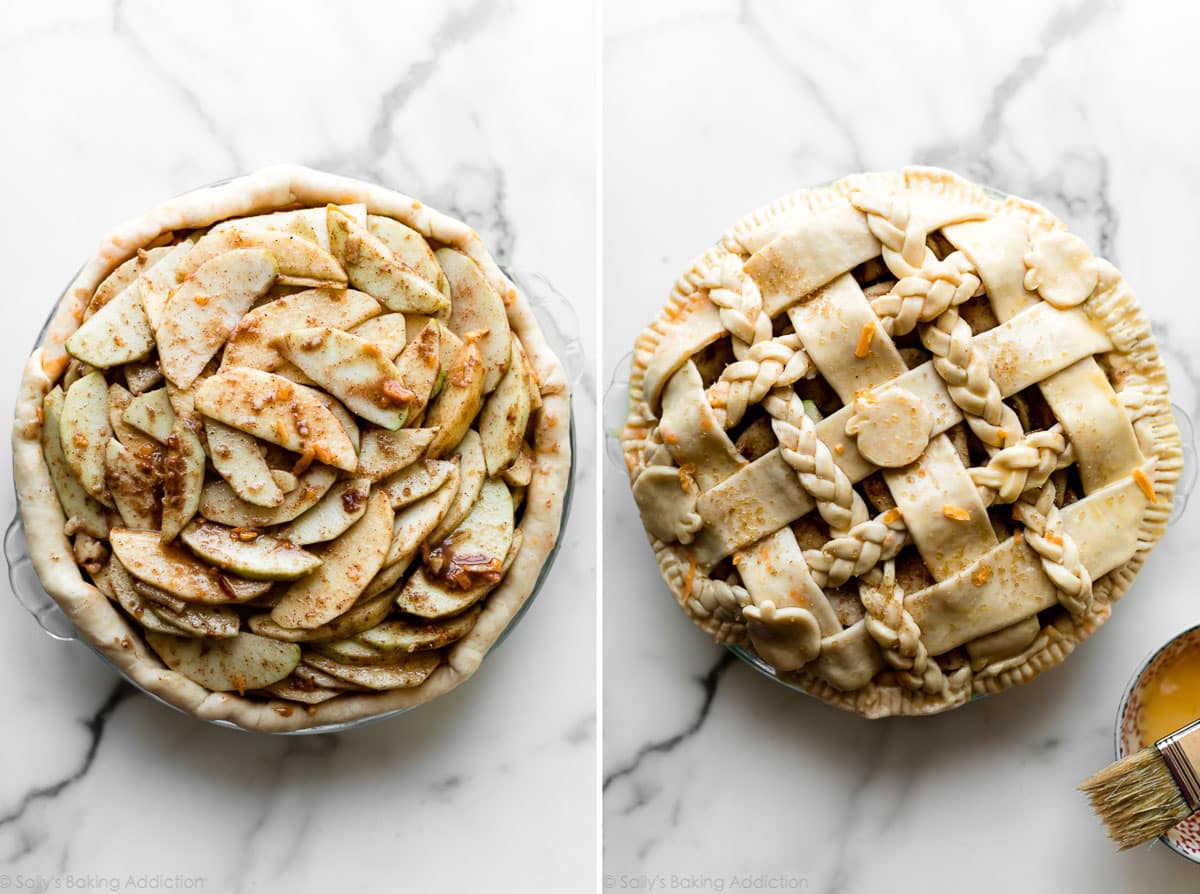 2 images of apple cheddar pie filling and lattice crust