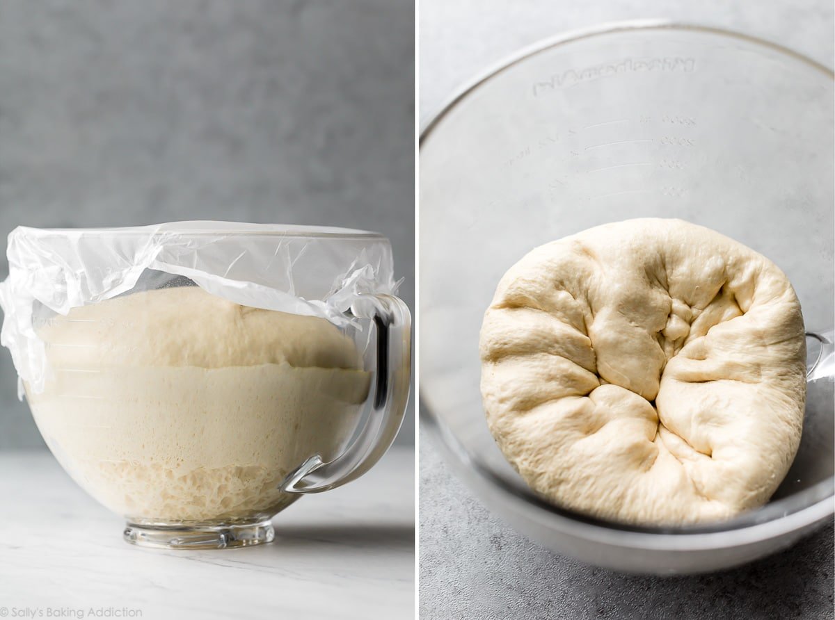 2 images of bread dough that has risen