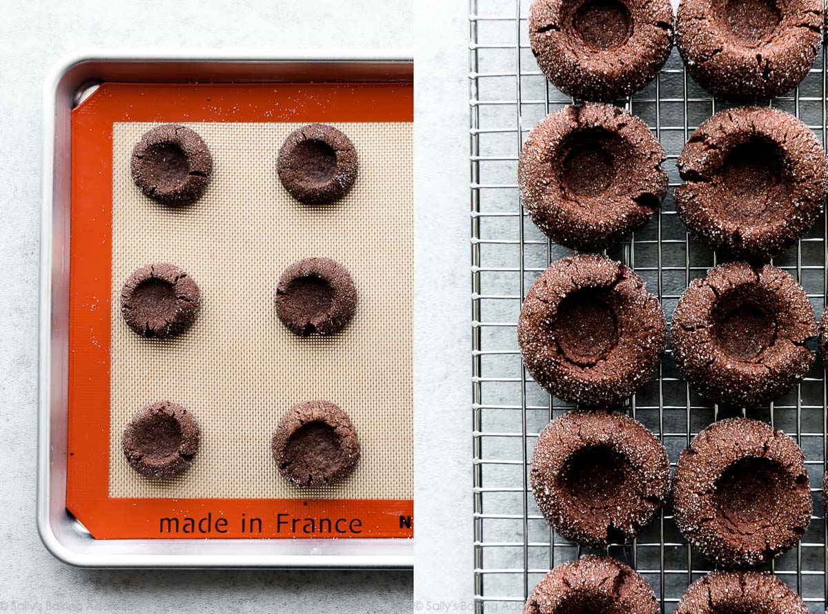 chocolate thumbprint cookies after baking on baking sheet and cooling rack