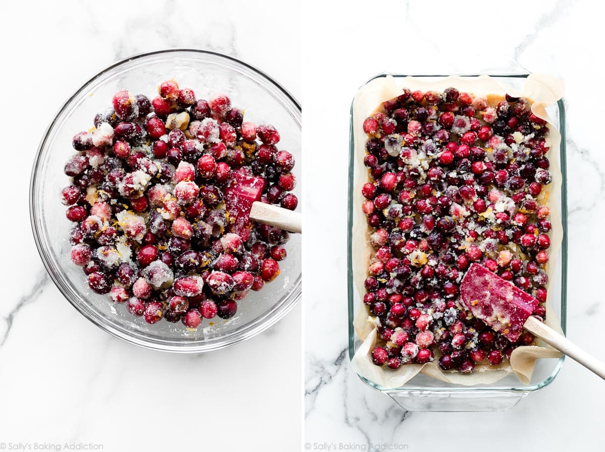 2 images of cranberry bars filling in a mixing bowl and a baking pan