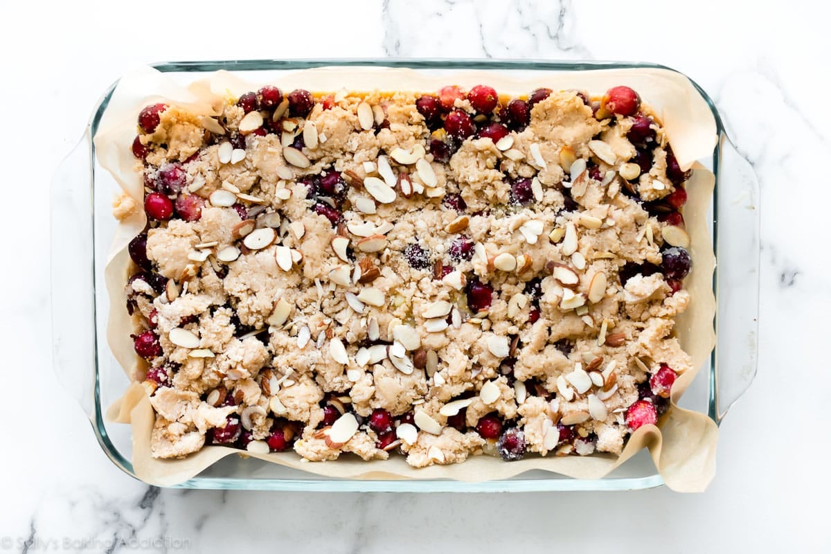 cranberry crumble pie bars before baking
