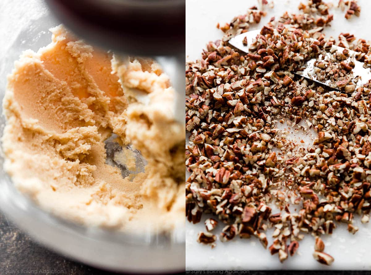 collage of creamed butter in a bowl and chopped pecans