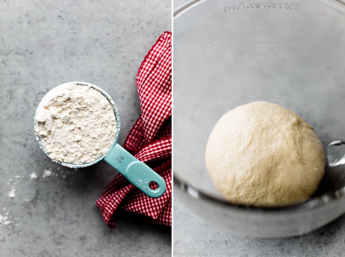 flour in a measuring cup and bread dough in a bowl