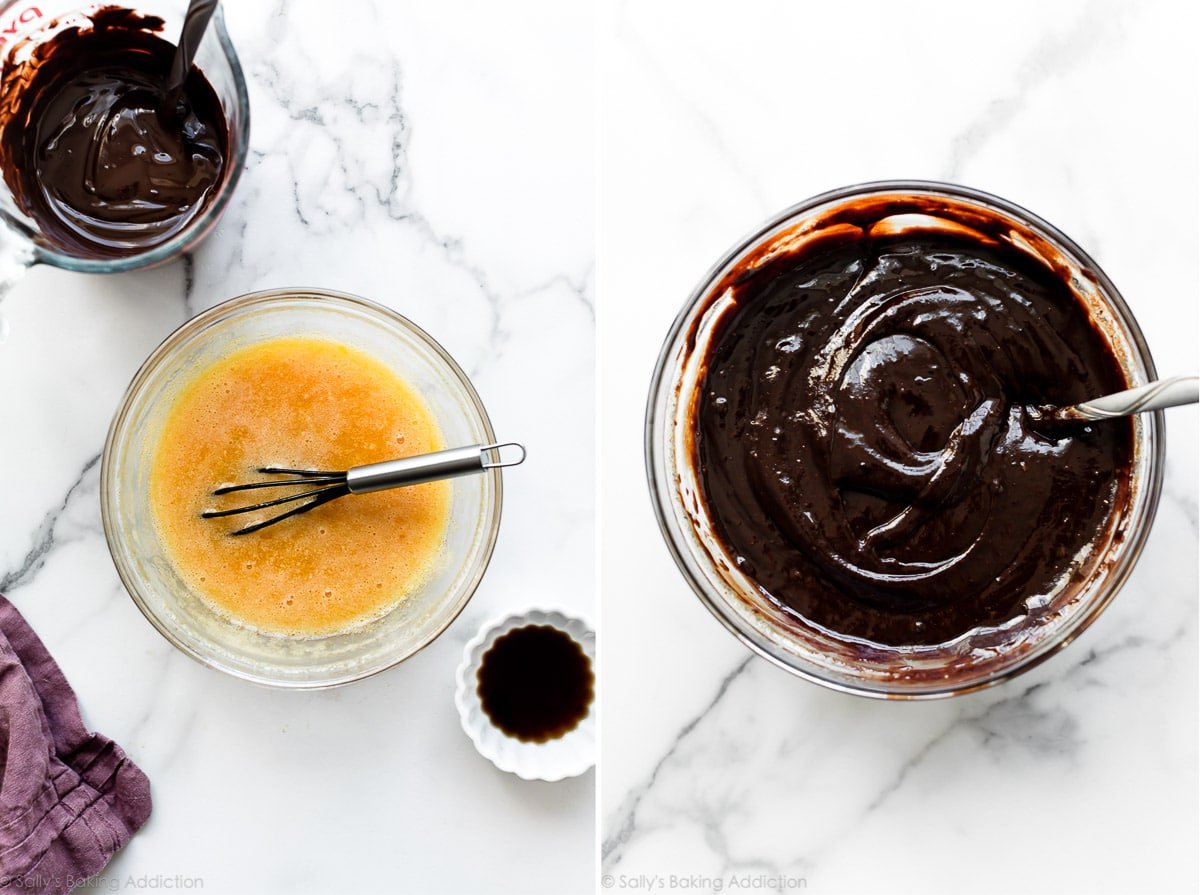 2 images of eggs and chocolate for French silk pie filling