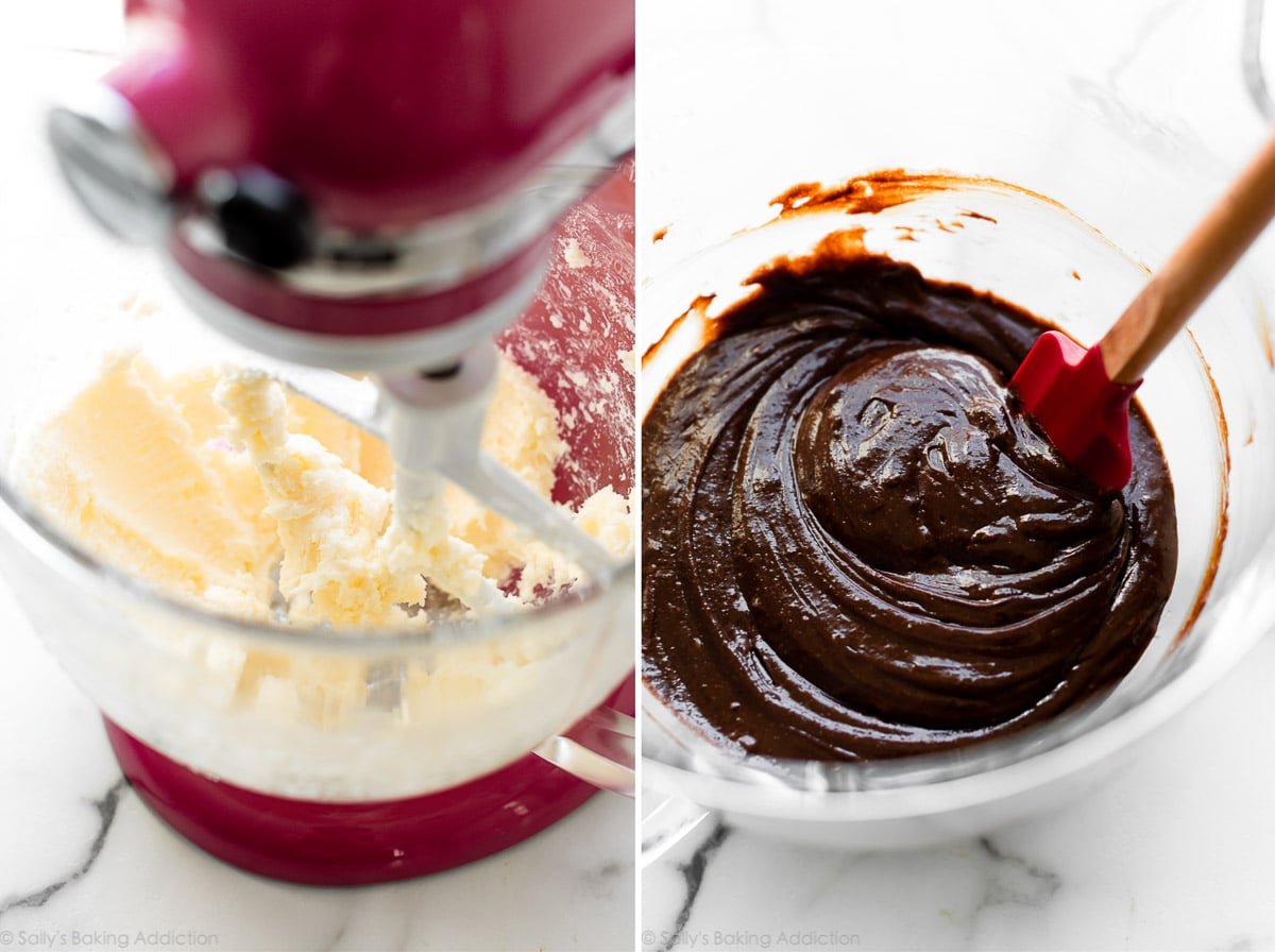 2 images of butter and chocolate for french silk pie filling