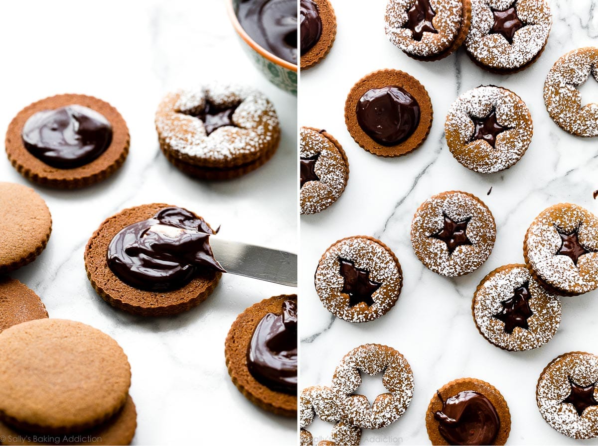 spreading chocolate ganache onto gingerbread linzer cookies