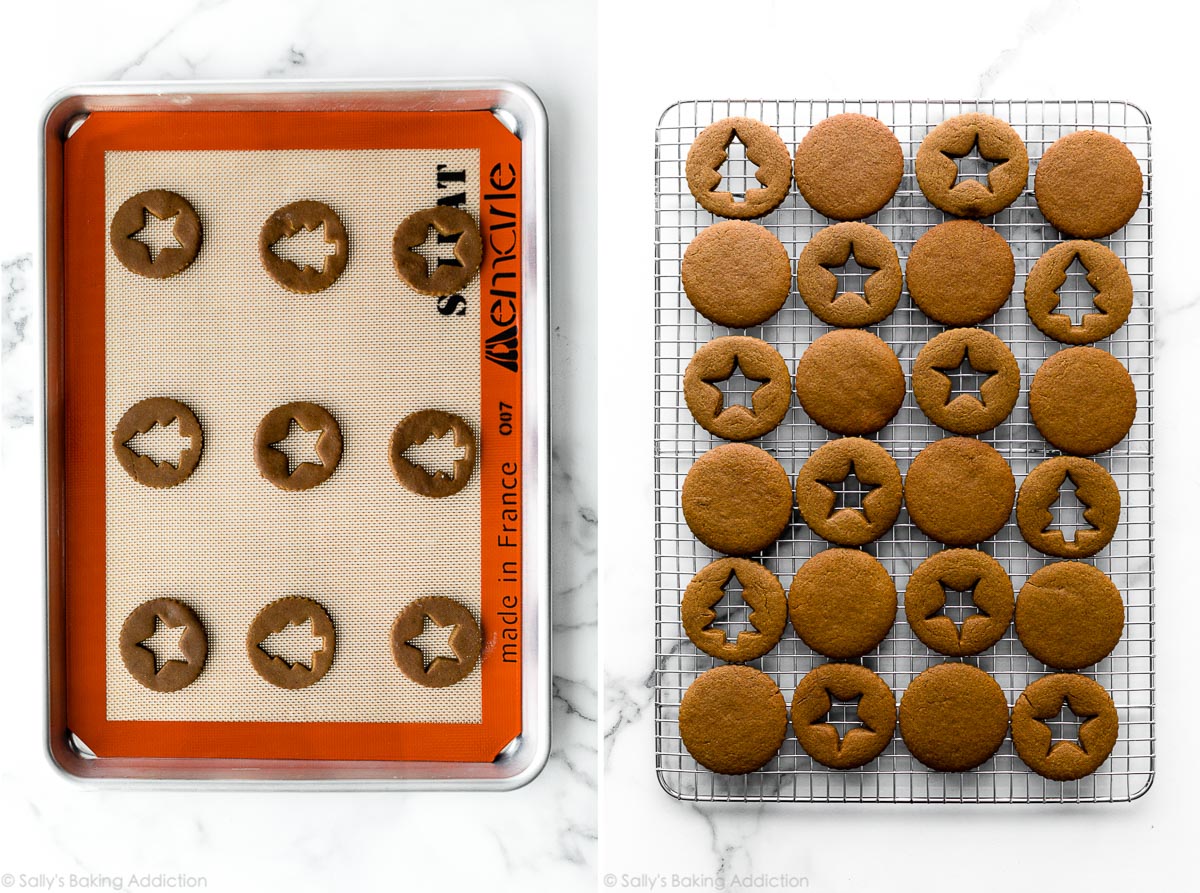 linzer cookie shaped gingerbread cookies on baking sheet and cooling rack