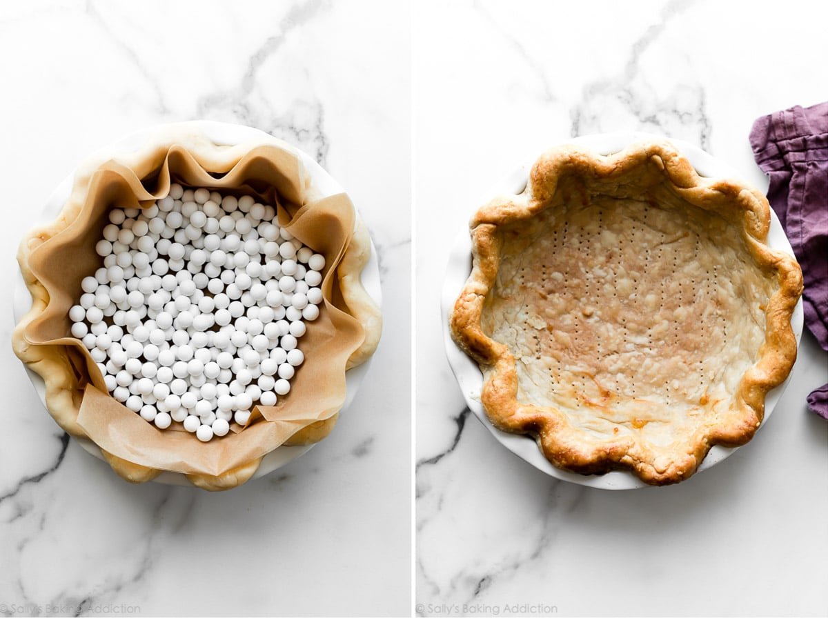 2 images of blind baked pie crust with pie weights and without pie weights