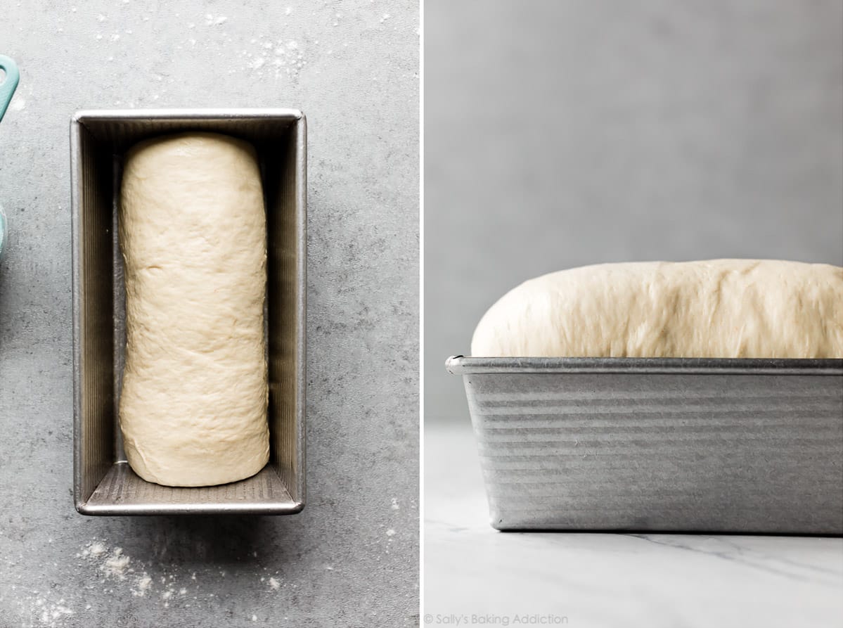 2 images of sandwich bread dough shaped in a loaf pan