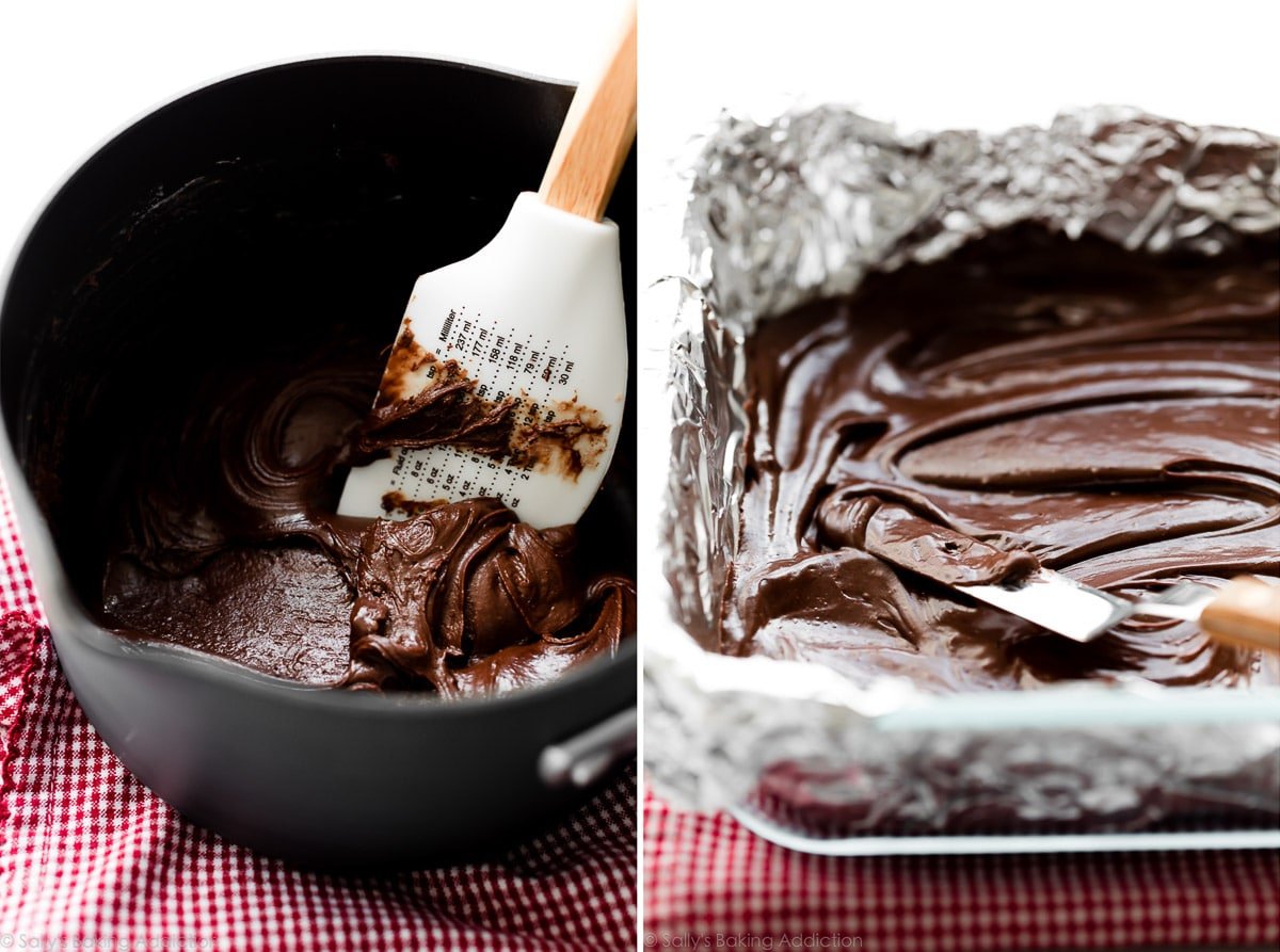 2 step photos for the chocolate layer of peppermint bark fudge