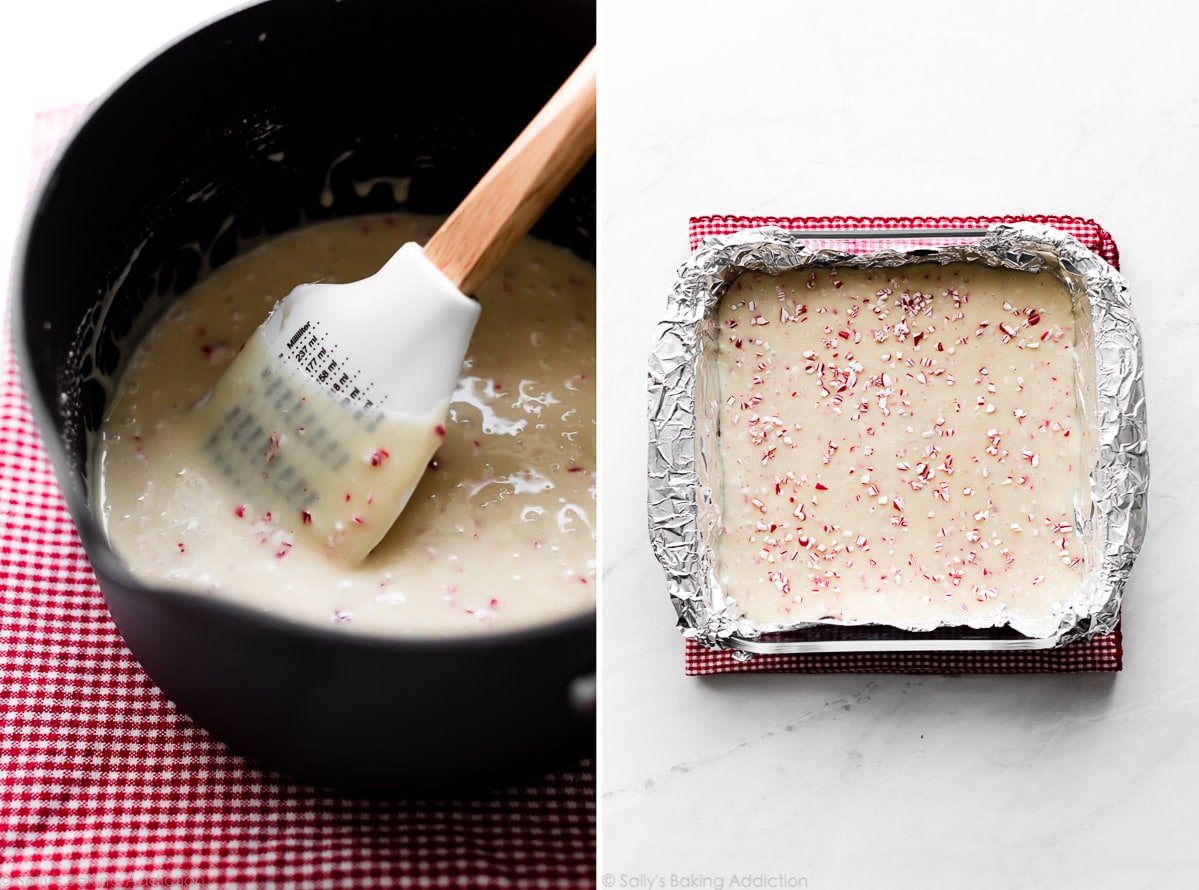 collage of 2 photos showing how to make candy cane fudge - fudge in a stove top pan and poured into a baking dish