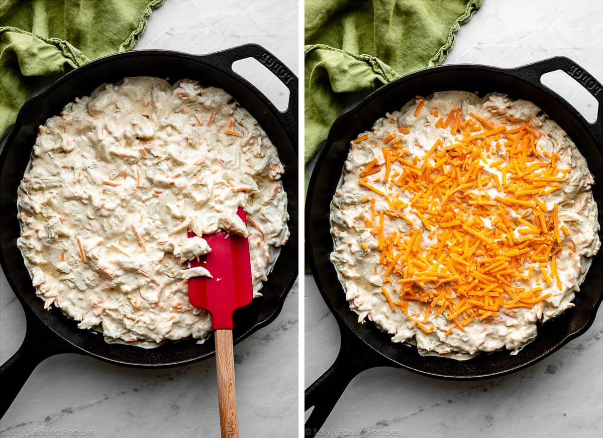 overhead photo of crab dip in cast iron skillet shown without cheese and with cheese sprinkled on top.