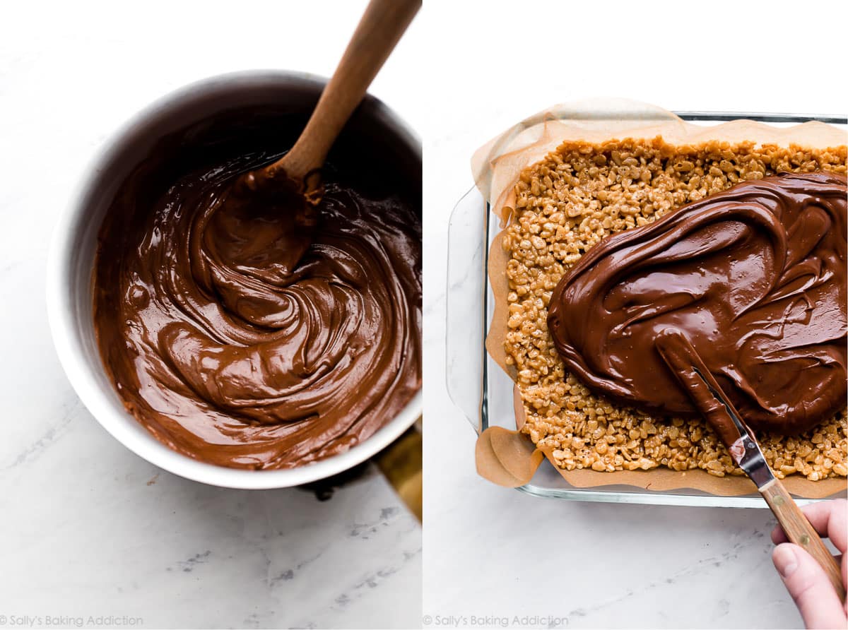 2 images of scotcheroos chocolate topping
