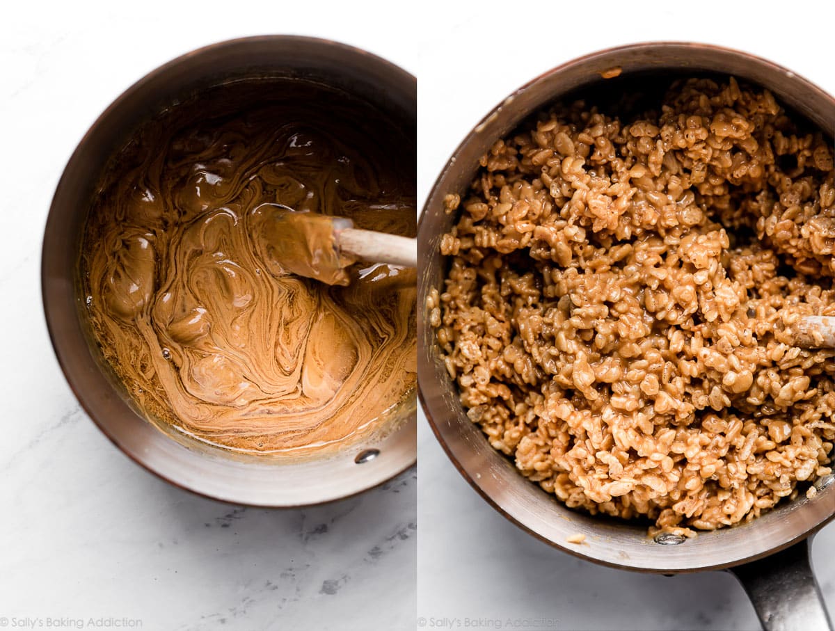 peanut butter mixture and peanut butter rice krispies cereal mixture