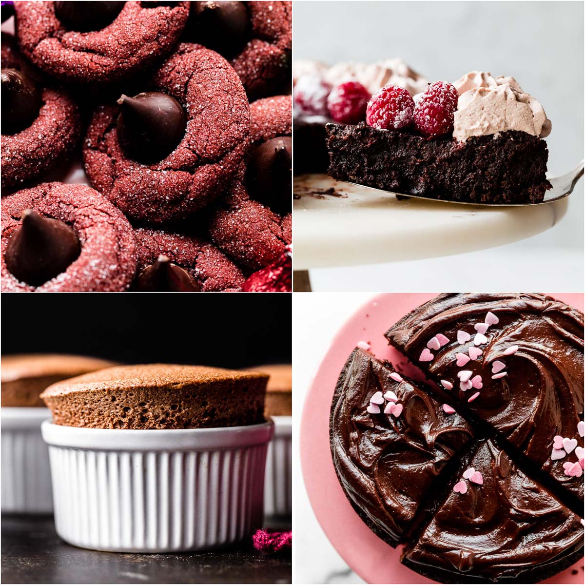 Collage of 4 valentine's day desserts including flourless chocolate cake and red velvet cookies