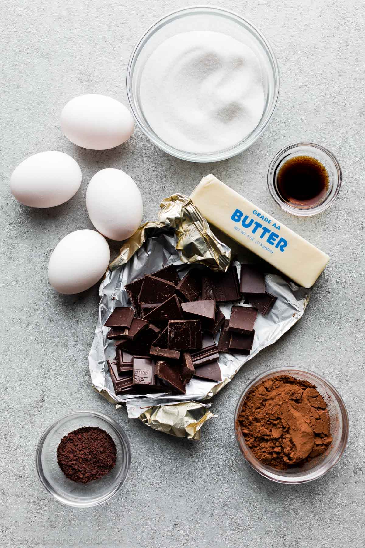 butter, chocolate, eggs, sugar, and cocoa powder