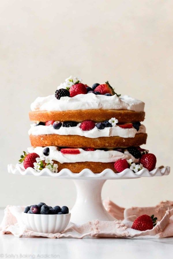 fresh berry and whipped cream layer cake.