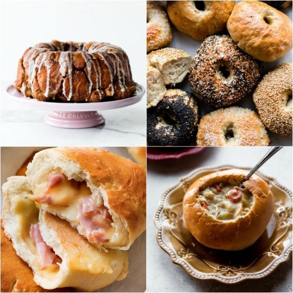 4 fun at-home baking projects including monkey bread, bagels, ham & cheese pockets, and bread bowls
