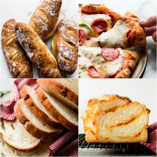4 fun at-home baking projects including artisan bread, pizza crust, sandwich bread, and cheese bread
